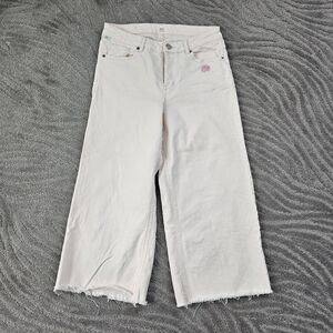 Woman Light Pink Cropped Jean Frayed Hem Size W38 Wide Leg Stretchy High Waist